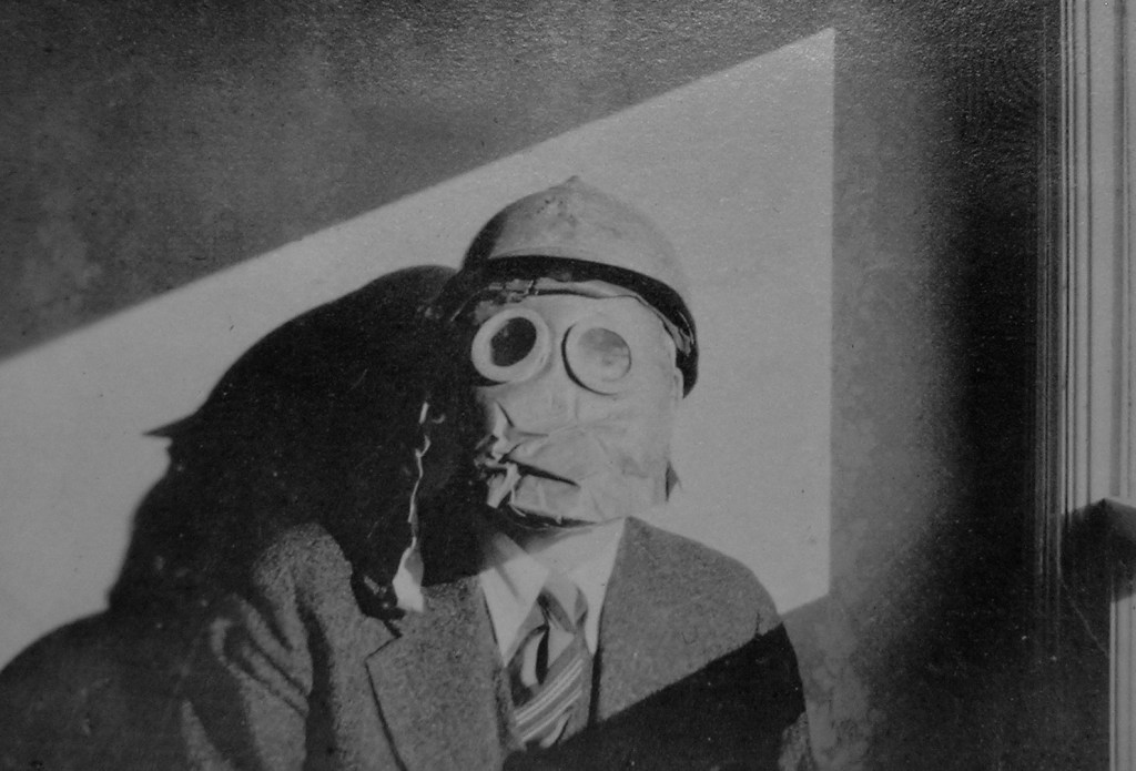 French helmet and gas mask, worn at Verdun, WWI