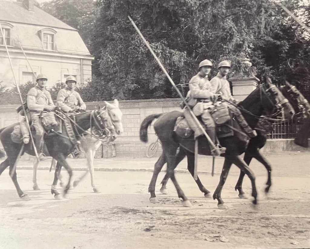 Soldiers on horseback with long spikes, France, WWI
